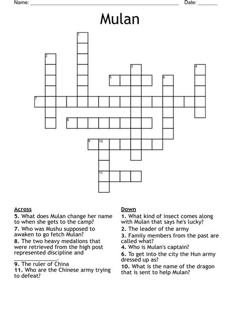 Mulan foes crossword - The Crossword Solver found 30 answers to "Foe of Mulan", 3 letters crossword clue. The Crossword Solver finds answers to classic crosswords and cryptic crossword puzzles. Enter the length or pattern for better results. Click the answer to find similar crossword clues . Enter a Crossword Clue. 